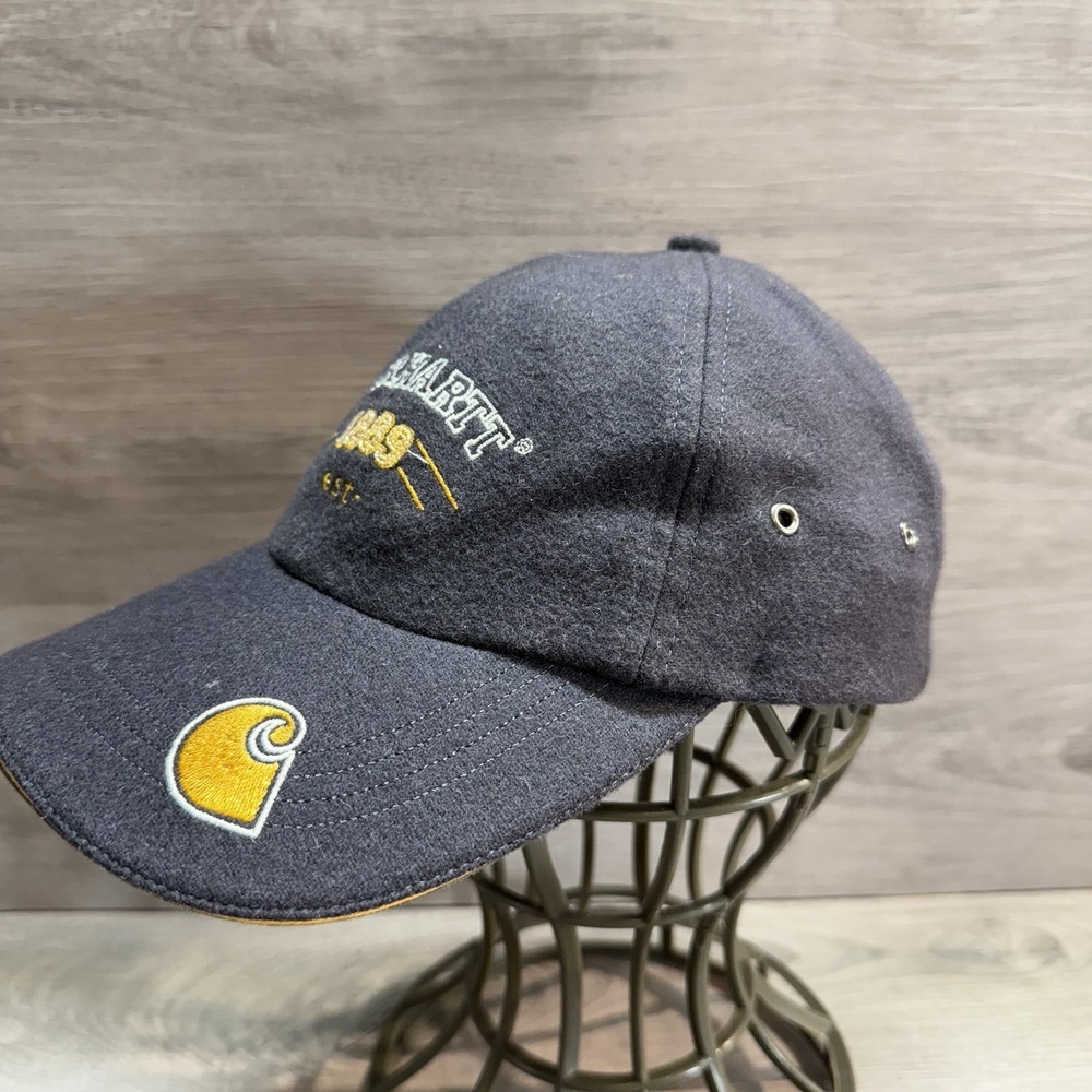Carhartt Hat Logo Wool Baseball Cap Adjustable Strapback Gray Yellow Workwear - Picture 2 of 6